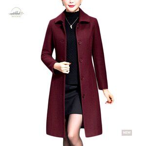 Wool Trench Coat Long Winter Overcoat Fitted Button Closure Pockets